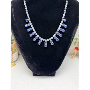 Vintage Blue Crystal Rhinestone Necklace Two Tone Sapphire Statement Collar 50s